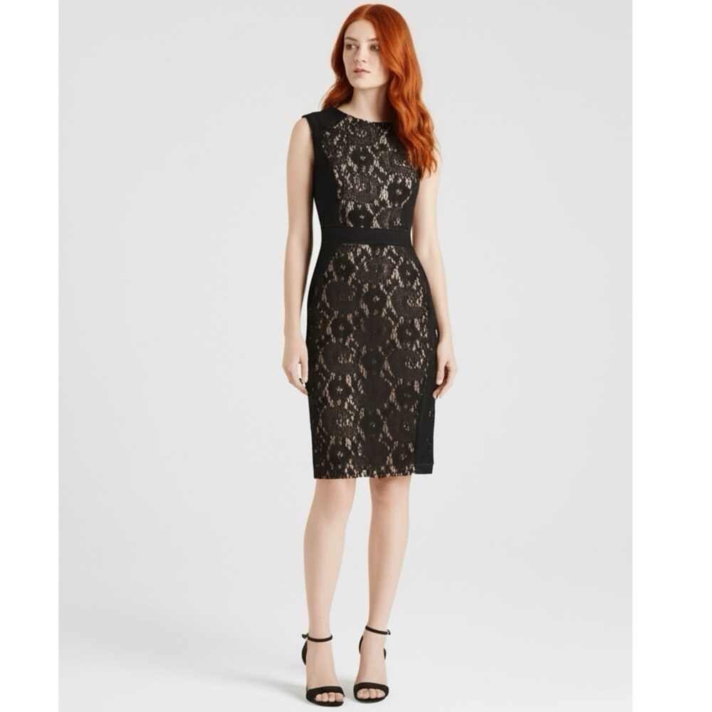 Adrianna Papell Womens Black Nude Lace Cocktail Sleeveless Sheath Dress Sz 4